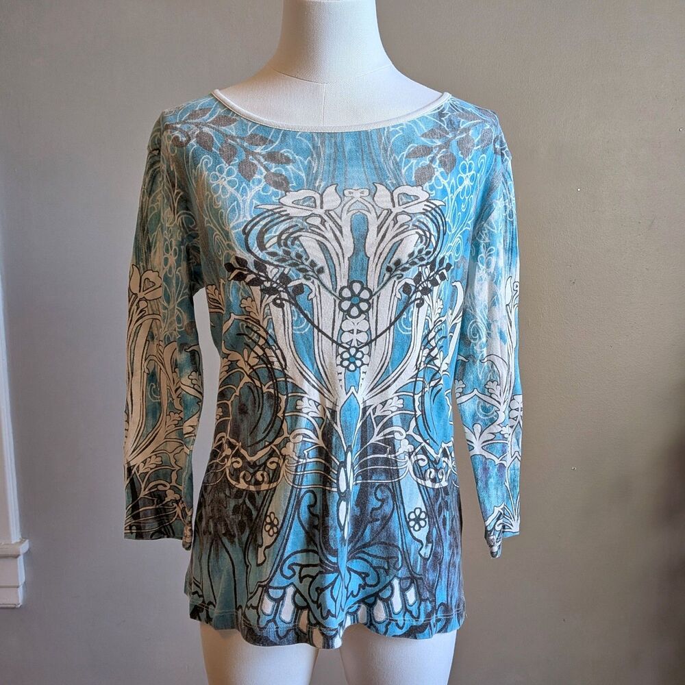 Vintage Y2K Katina Marie Floral Shirt Blue Fairycore Grunge Size Small